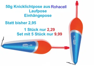 Set mit 5 Stück 50g Knicklichtposen aus Rohazell - Raubfischpose - Einhängepose - Laufpose